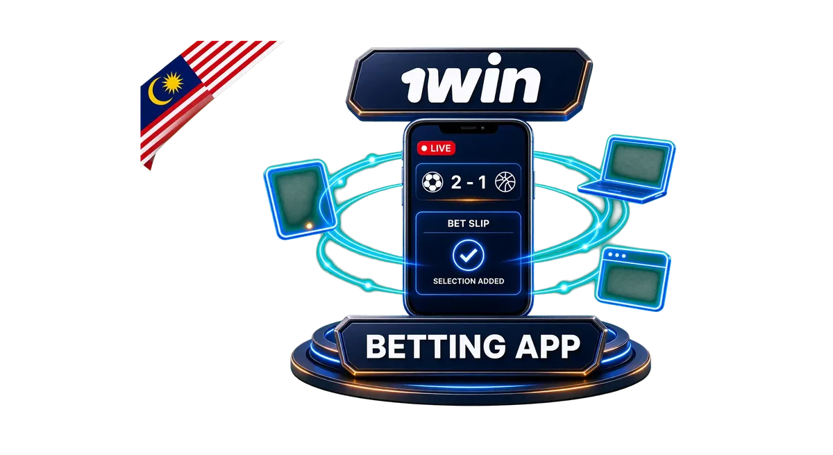1win betting app hero with phone showing live score and bet slip, synced devices