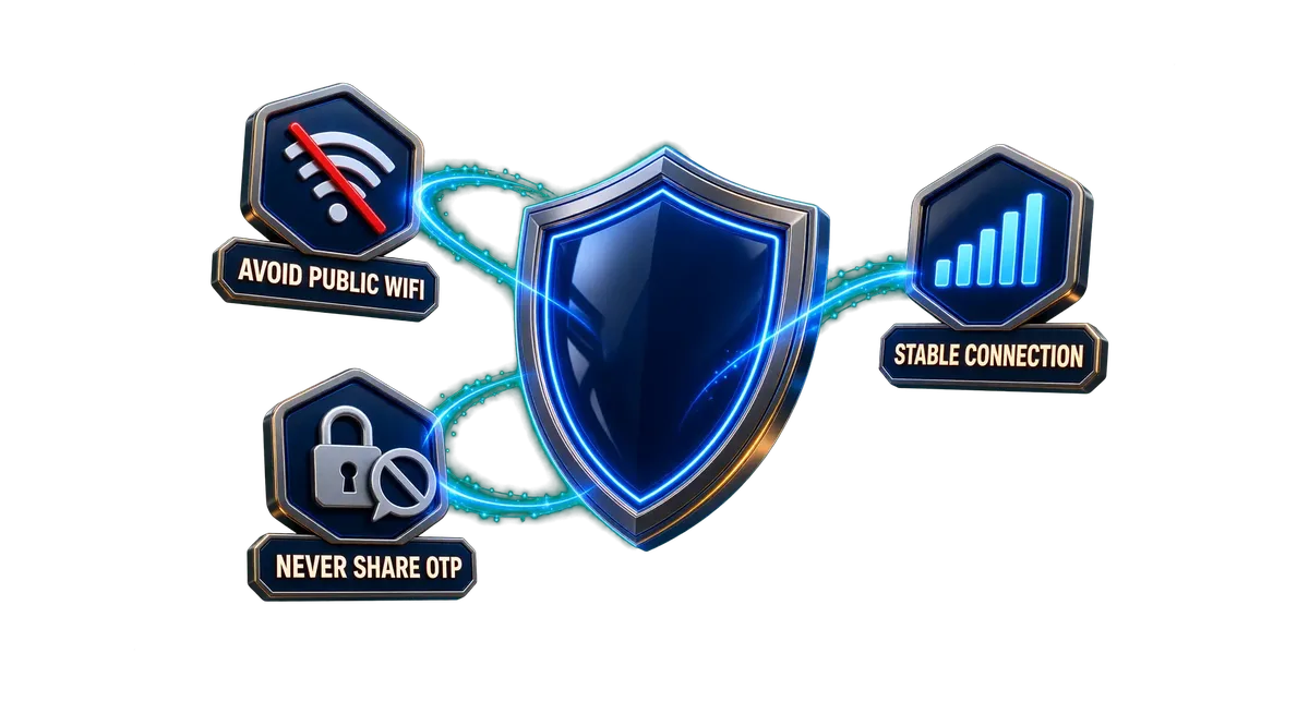 Mobile safety shield: avoid public wifi, never share OTP, stable connection