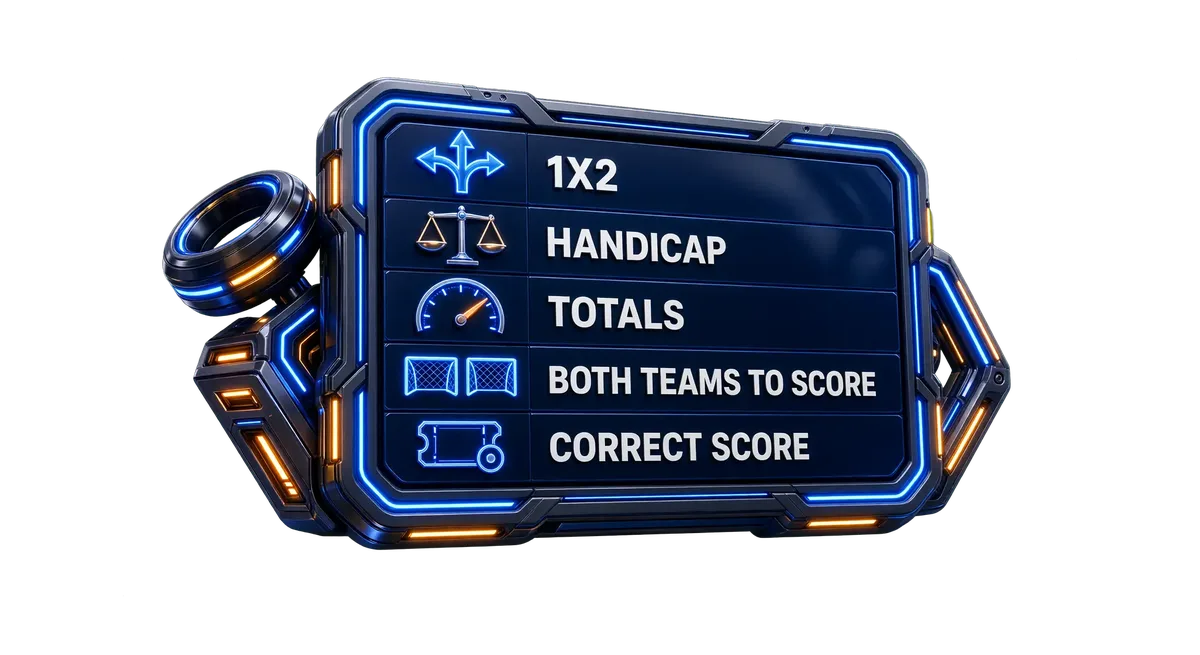 Market types menu board: 1X2, Handicap, Totals, Both Teams to Score, Correct Score