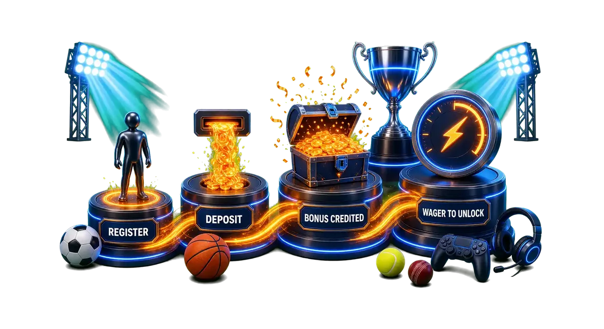 Bonus activation steps: register, deposit, bonus credited, wager to unlock