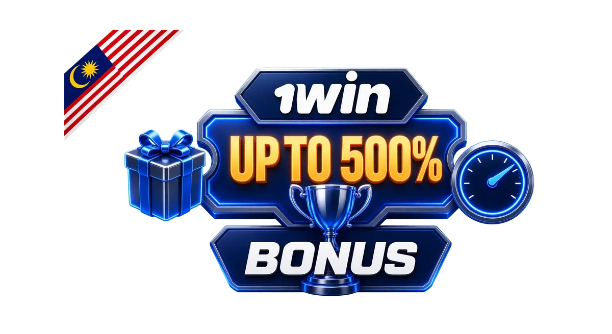 1win bonus hero banner showing up to 500% welcome offer with trophy and gift box