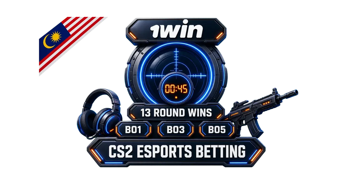 1win CS2 esports betting hero with crosshair emblem, timer and Bo1/Bo3/Bo5 badges