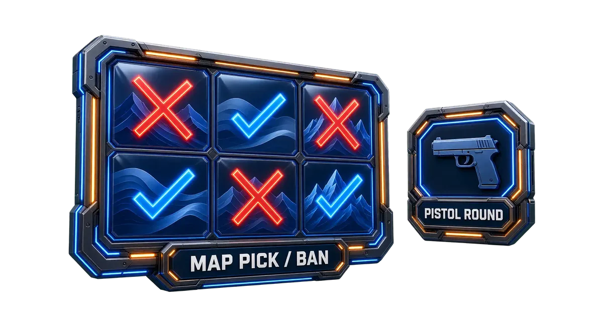 CS2 map pick and ban board with banned and picked map tiles, pistol round badge