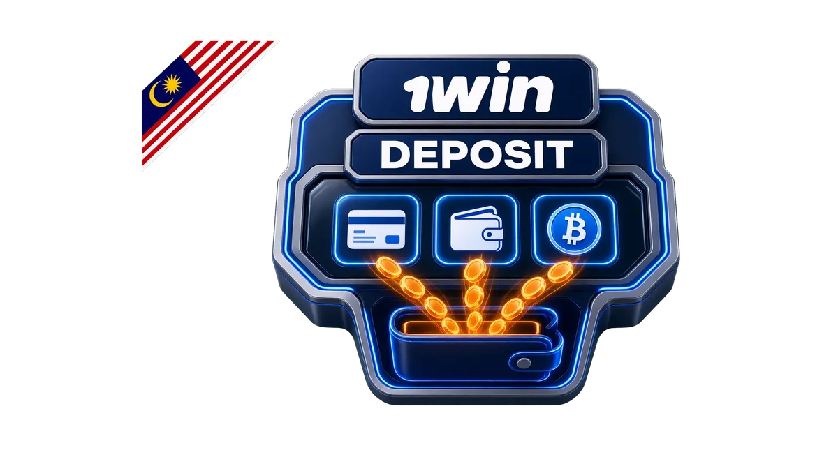 1win deposit hero with cashier panel, card/e-wallet/crypto icons and coins