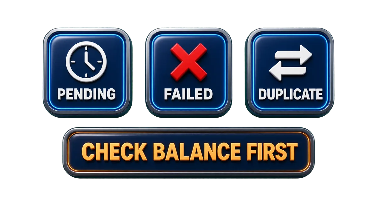 Deposit status badges: pending, failed, duplicate, with check-balance-first note