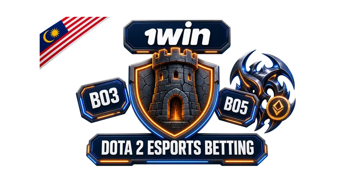 1win Dota 2 esports betting hero with tower shield emblem and Bo3/Bo5 badges