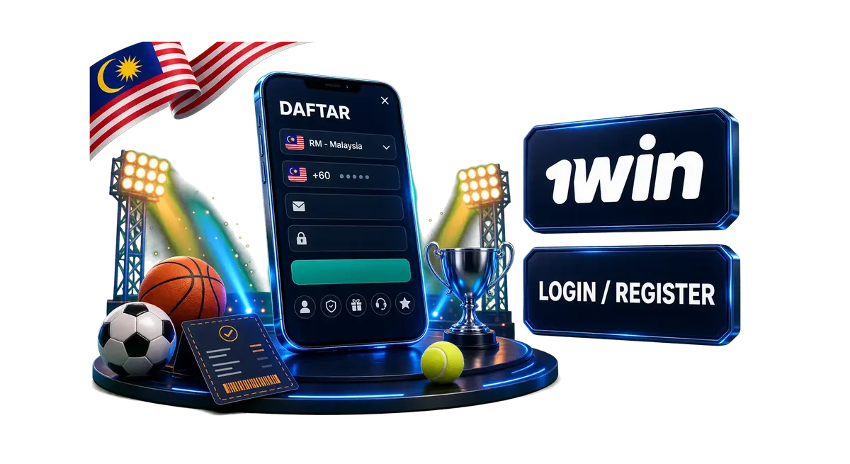 1win login and registration hero with phone mockup, betting ticket and trophy