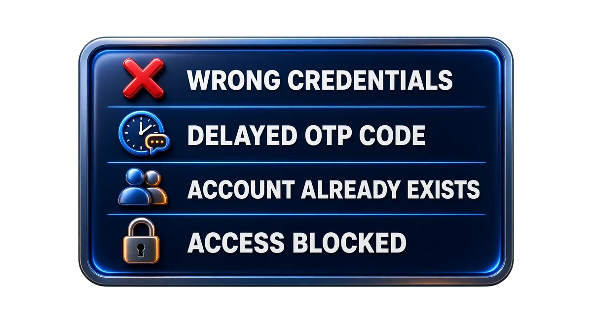 Login troubleshooting checklist: wrong credentials, delayed OTP, account exists, access blocked