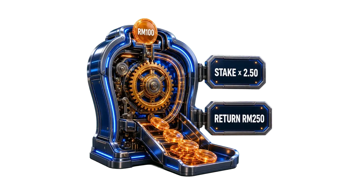 Coin-multiplier machine showing RM100 stake turning into RM250 return