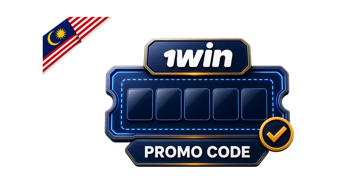 1win promo code hero with ticket, blank code tiles and checkmark badge
