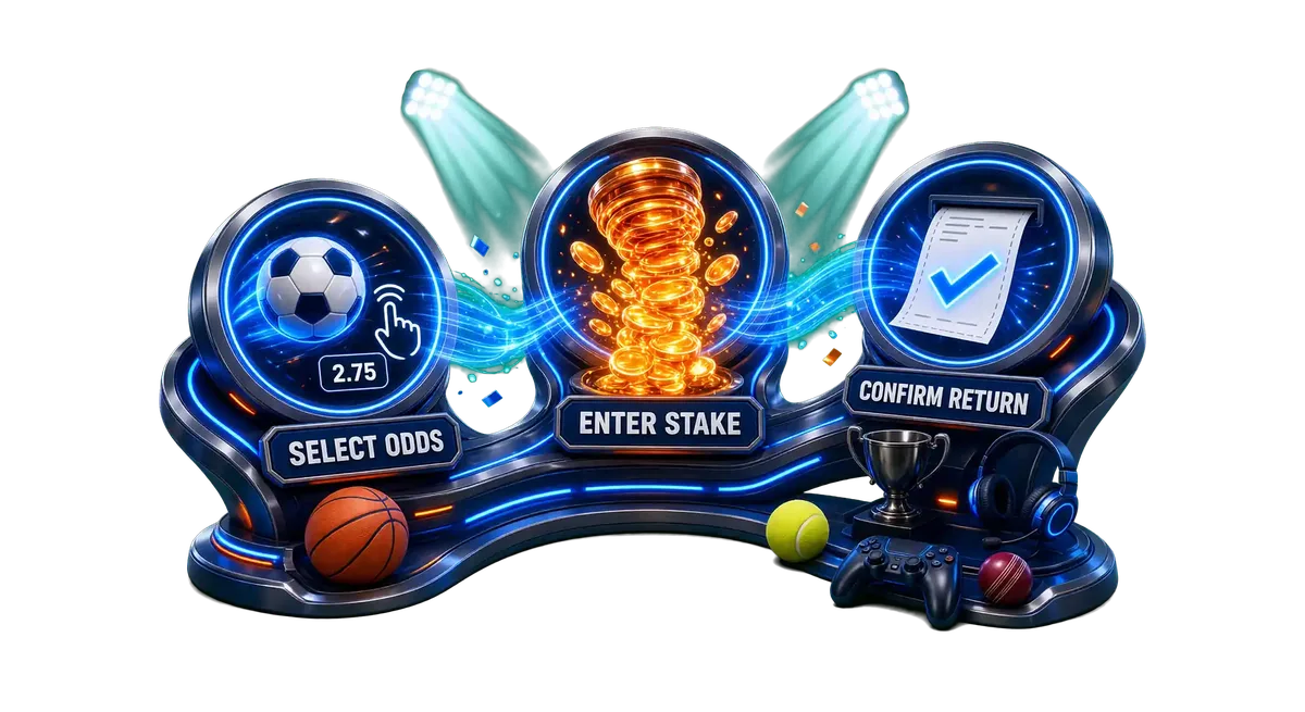 Bet slip flow in three steps: select odds, enter stake, confirm return