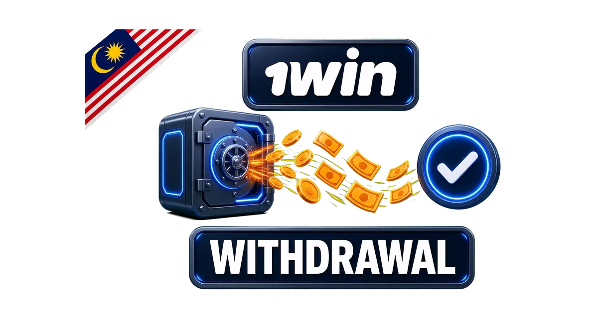 1win withdrawal hero with vault, coins and banknotes flowing to a checkmark